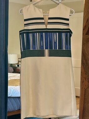 Tory Burch Mikado Sleeveless Cream Shift Dress Stripe Panel size 2